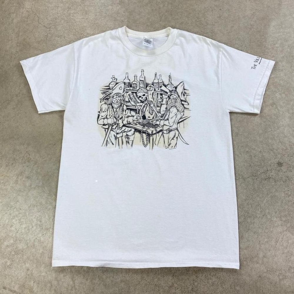 Vintage Y2K Pirate Skeleton Shirt Size Medium White Bar Drinking